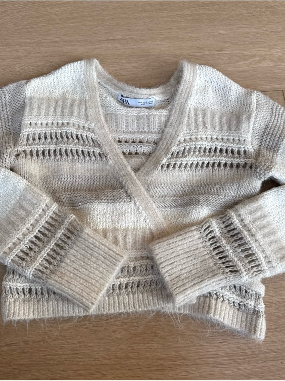 Zara Cream V-Neck Open-Knit Sweater